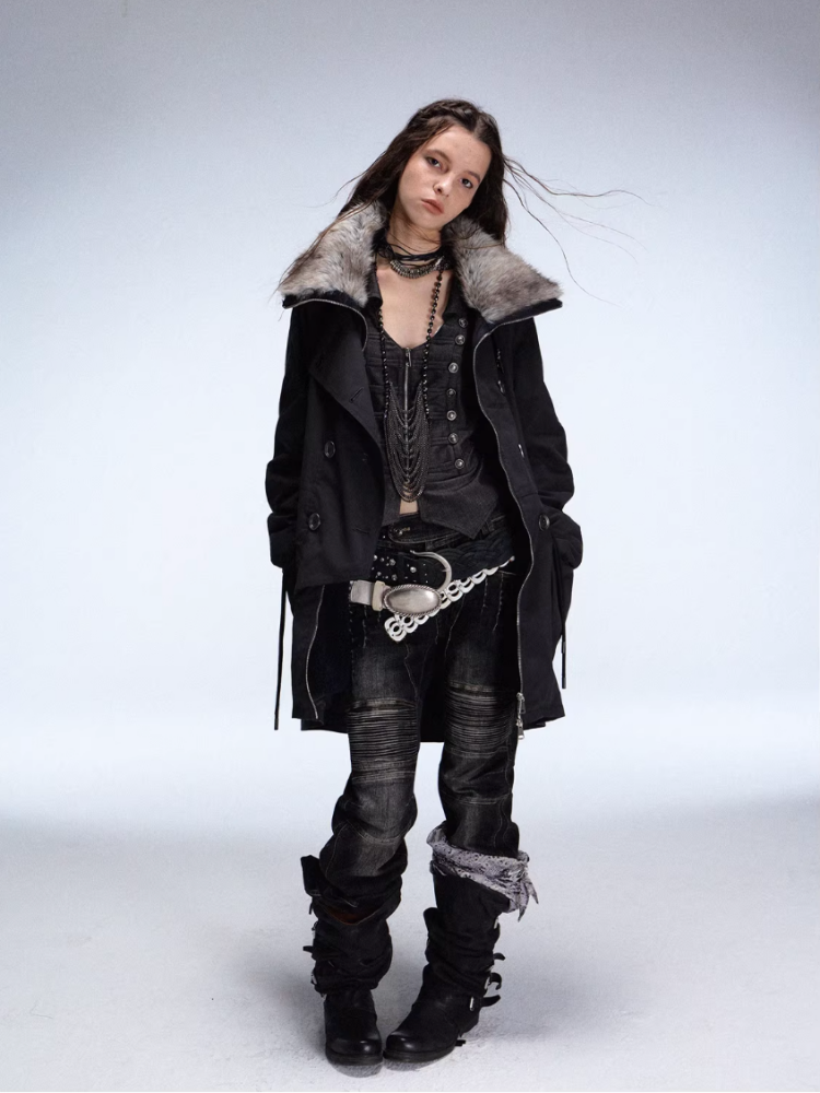 "Wandering In The Snow" Artist Student Double-Breasted Fur Collar Loose Midi Fleece Jacket【s0000014947】