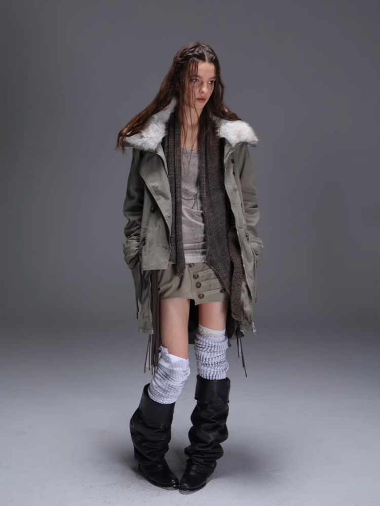 "Wandering In The Snow" Artist Student Double-Breasted Fur Collar Loose Midi Fleece Jacket【s0000014947】