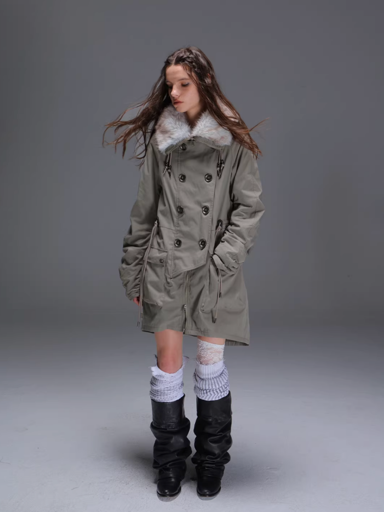 "Wandering In The Snow" Artist Student Double-Breasted Fur Collar Loose Midi Fleece Jacket【s0000014947】