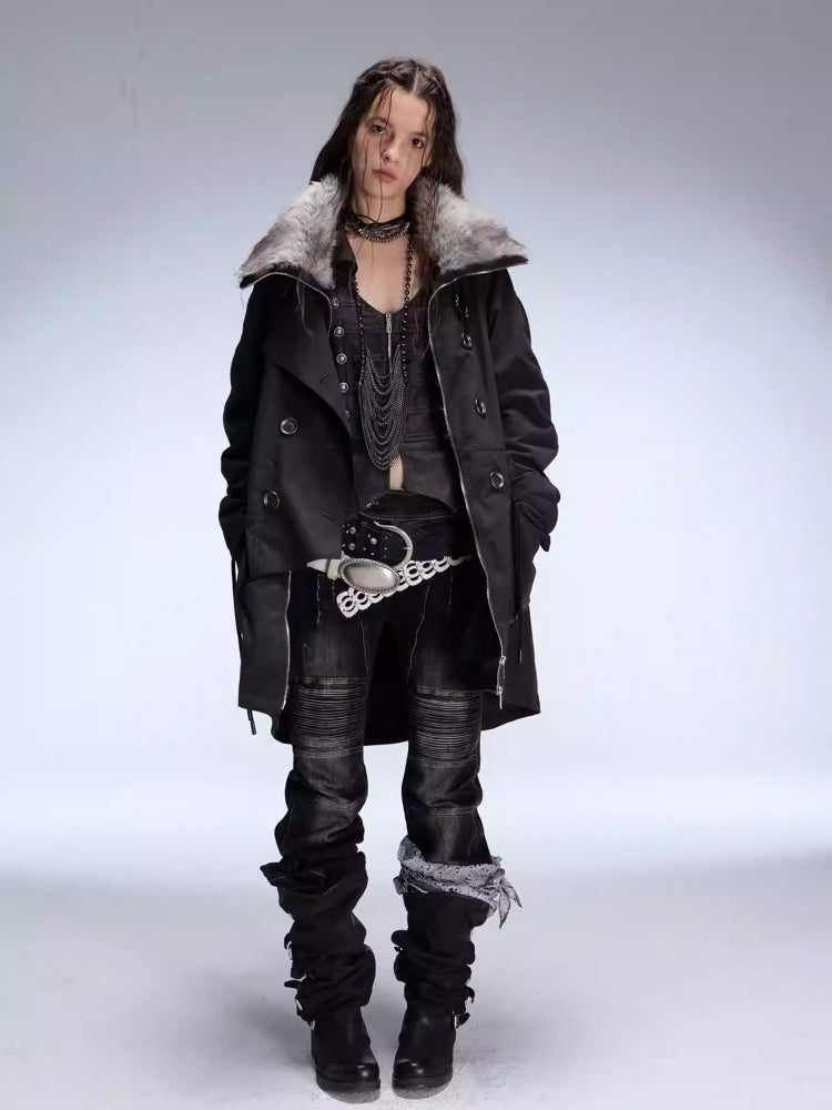 "Wandering In The Snow" Artist Student Double-Breasted Fur Collar Loose Midi Fleece Jacket【s0000014947】