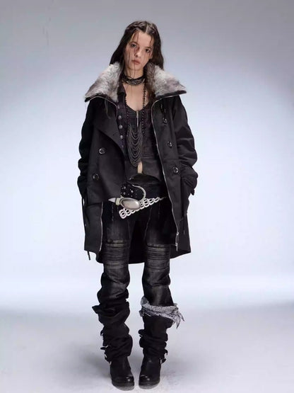 "Wandering In The Snow" Artist Student Double-Breasted Fur Collar Loose Midi Fleece Jacket【s0000014947】