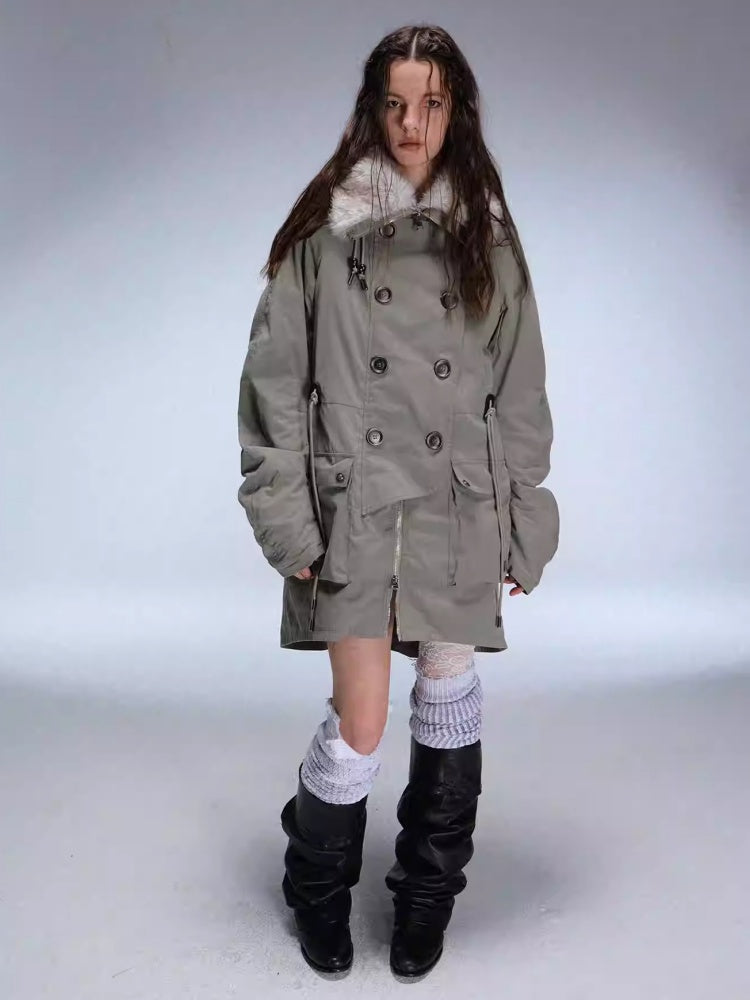 "Wandering In The Snow" Artist Student Double-Breasted Fur Collar Loose Midi Fleece Jacket【s0000014947】