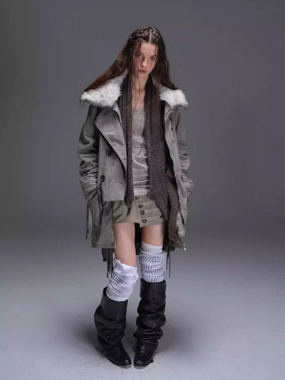 "Wandering In The Snow" Artist Student Double-Breasted Fur Collar Loose Midi Fleece Jacket【s0000014947】