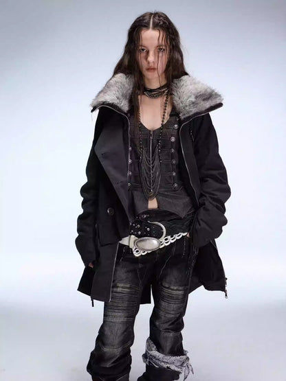 "Wandering In The Snow" Artist Student Double-Breasted Fur Collar Loose Midi Fleece Jacket【s0000014947】