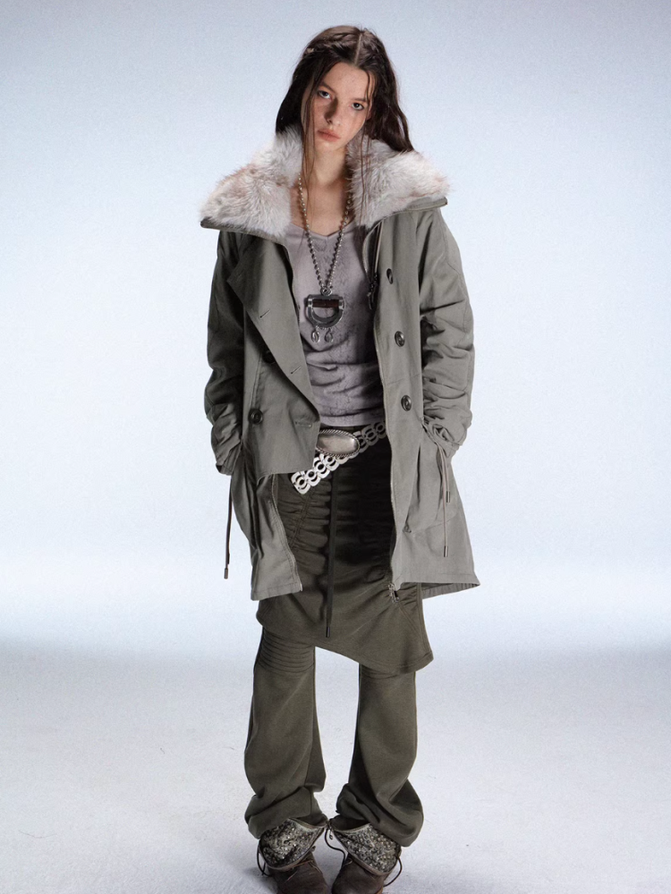 "Wandering In The Snow" Artist Student Double-Breasted Fur Collar Loose Midi Fleece Jacket【s0000014947】