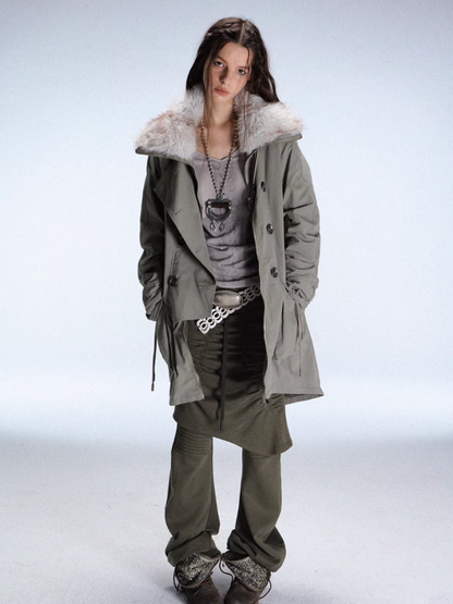 "Wandering In The Snow" Artist Student Double-Breasted Fur Collar Loose Midi Fleece Jacket【s0000014947】