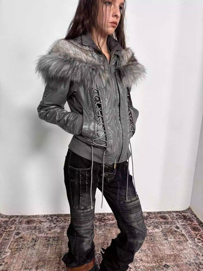 "Northern Night Patrol" Strap-On Eco-Friendly Fur Shawl Parka Cropped Jacket【s0000014948】