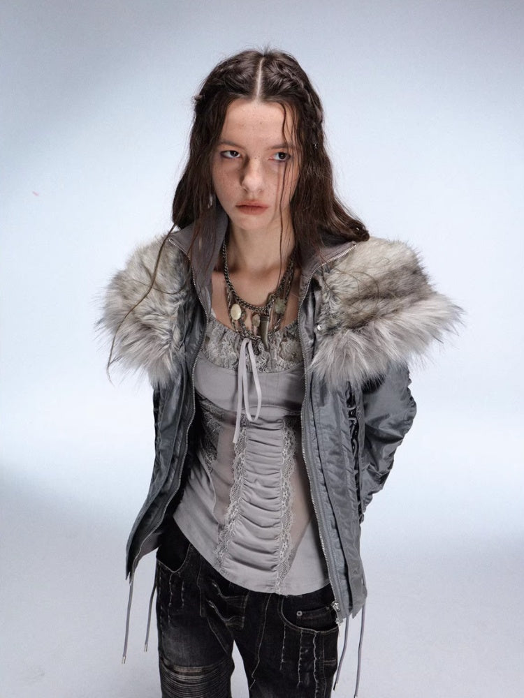 "Northern Night Patrol" Strap-On Eco-Friendly Fur Shawl Parka Cropped Jacket【s0000014948】