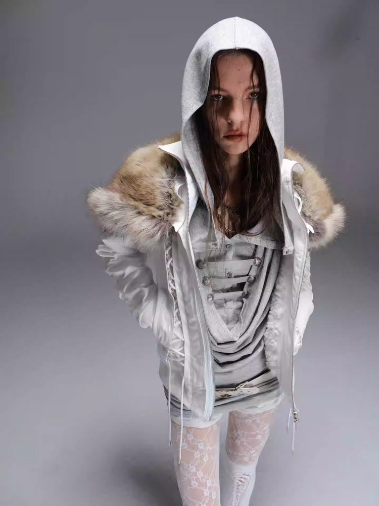 "Northern Night Patrol" Strap-On Eco-Friendly Fur Shawl Parka Cropped Jacket【s0000014948】