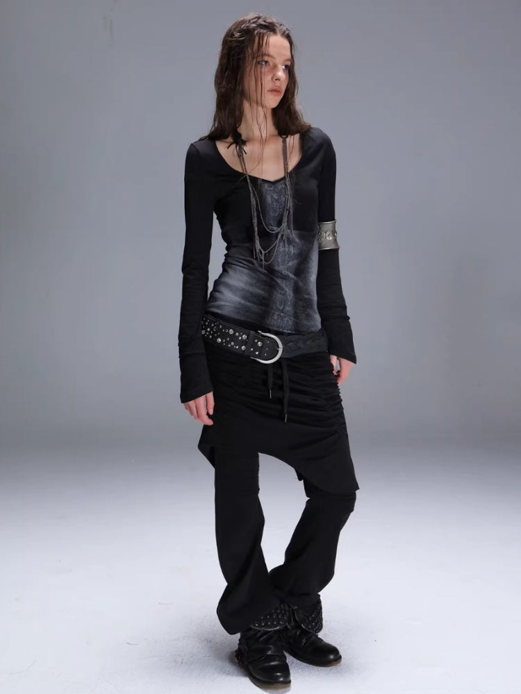 "Snake Shedding Angel" Straight Shoulder V-Neck Snake Print Slim Bottom T-Shirt【s0000014949】