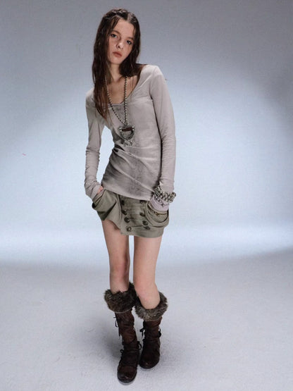 "Snake Shedding Angel" Straight Shoulder V-Neck Snake Print Slim Bottom T-Shirt【s0000014949】