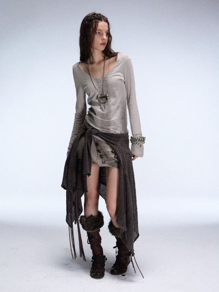 "Snake Shedding Angel" Straight Shoulder V-Neck Snake Print Slim Bottom T-Shirt【s0000014949】