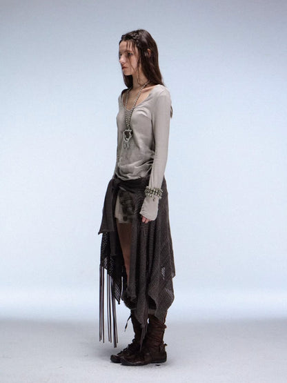 "Snake Shedding Angel" Straight Shoulder V-Neck Snake Print Slim Bottom T-Shirt【s0000014949】