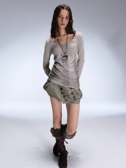 "Snake Shedding Angel" Straight Shoulder V-Neck Snake Print Slim Bottom T-Shirt【s0000014949】