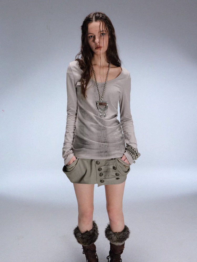 "Snake Shedding Angel" Straight Shoulder V-Neck Snake Print Slim Bottom T-Shirt【s0000014949】