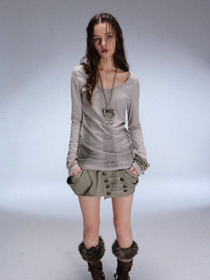 "Snake Shedding Angel" Straight Shoulder V-Neck Snake Print Slim Bottom T-Shirt【s0000014949】