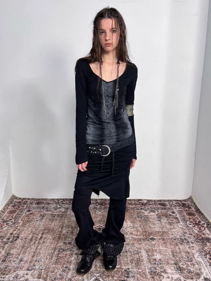 "Snake Shedding Angel" Straight Shoulder V-Neck Snake Print Slim Bottom T-Shirt【s0000014949】