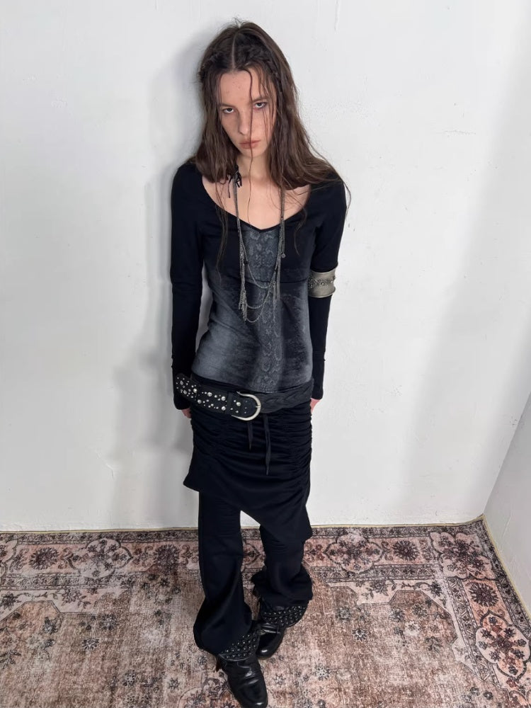 "Snake Shedding Angel" Straight Shoulder V-Neck Snake Print Slim Bottom T-Shirt【s0000014949】