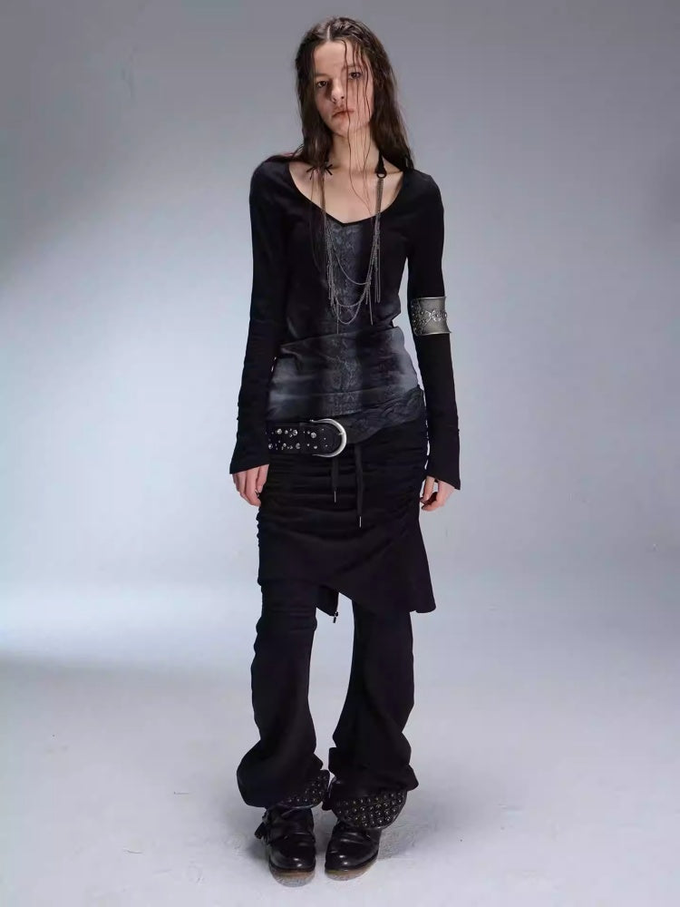 "Snake Shedding Angel" Straight Shoulder V-Neck Snake Print Slim Bottom T-Shirt【s0000014949】