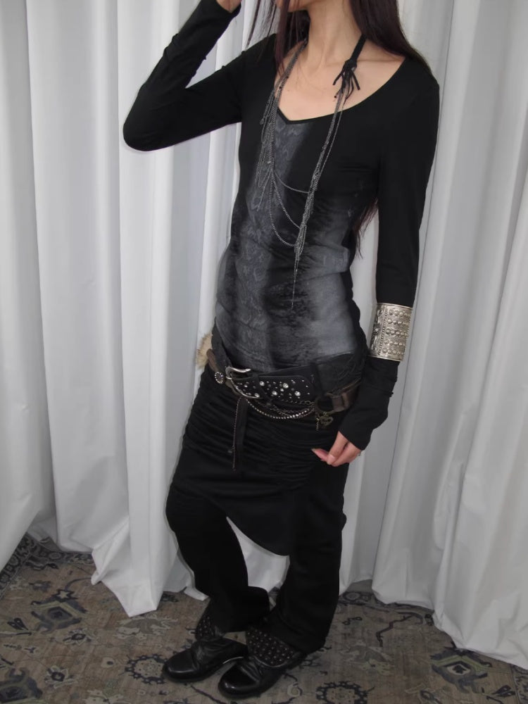 "Snake Shedding Angel" Straight Shoulder V-Neck Snake Print Slim Bottom T-Shirt【s0000014949】