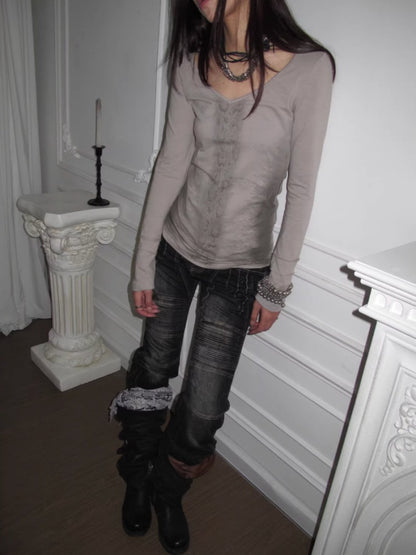 "Snake Shedding Angel" Straight Shoulder V-Neck Snake Print Slim Bottom T-Shirt【s0000014949】