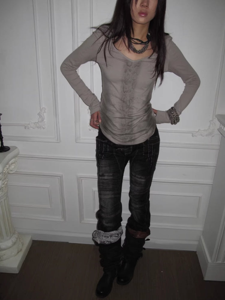 "Snake Shedding Angel" Straight Shoulder V-Neck Snake Print Slim Bottom T-Shirt【s0000014949】