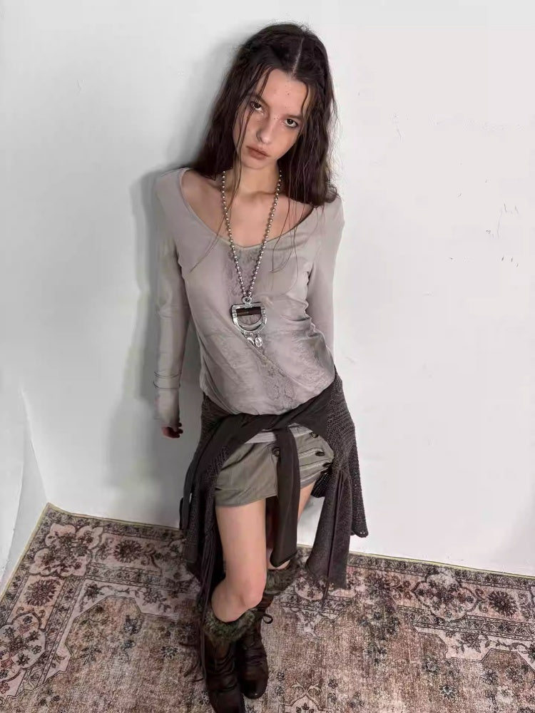 "Snake Shedding Angel" Straight Shoulder V-Neck Snake Print Slim Bottom T-Shirt【s0000014949】