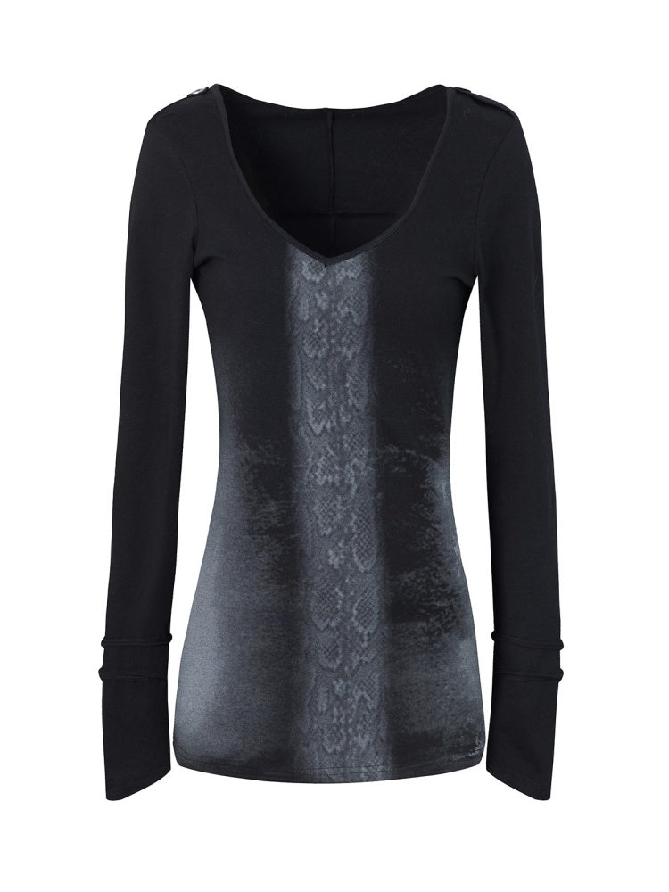 "Snake Shedding Angel" Straight Shoulder V-Neck Snake Print Slim Bottom T-Shirt【s0000014949】