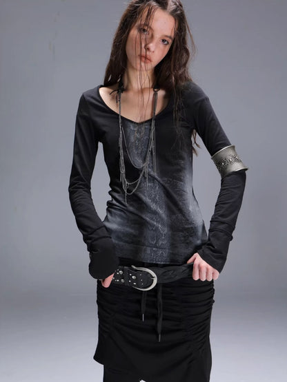 "Snake Shedding Angel" Straight Shoulder V-Neck Snake Print Slim Bottom T-Shirt【s0000014949】