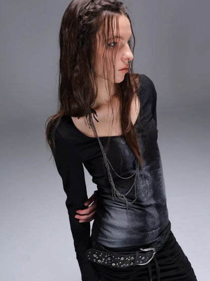 "Snake Shedding Angel" Straight Shoulder V-Neck Snake Print Slim Bottom T-Shirt【s0000014949】