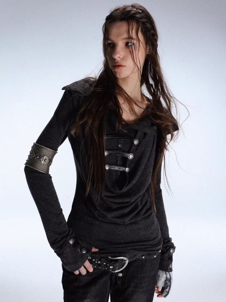 "Polar Night Courier" Ranger Metal Buckle Knitted Hooded Swing Collar T-Shirt【s0000014950】