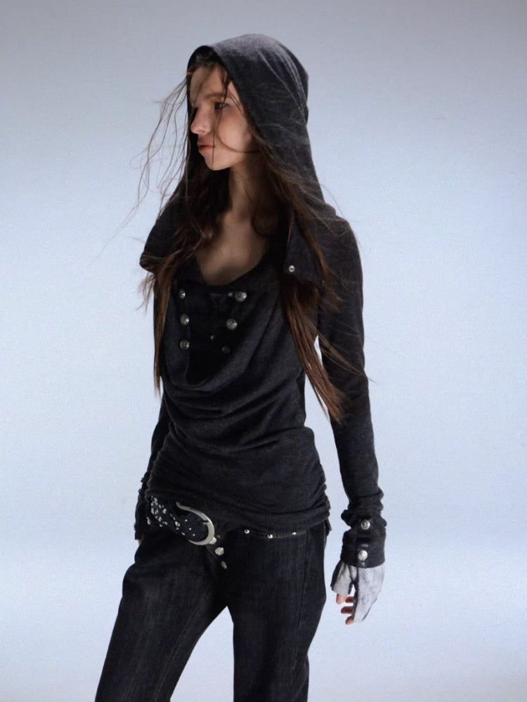 "Polar Night Courier" Ranger Metal Buckle Knitted Hooded Swing Collar T-Shirt【s0000014950】