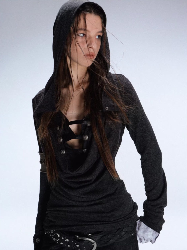 "Polar Night Courier" Ranger Metal Buckle Knitted Hooded Swing Collar T-Shirt【s0000014950】