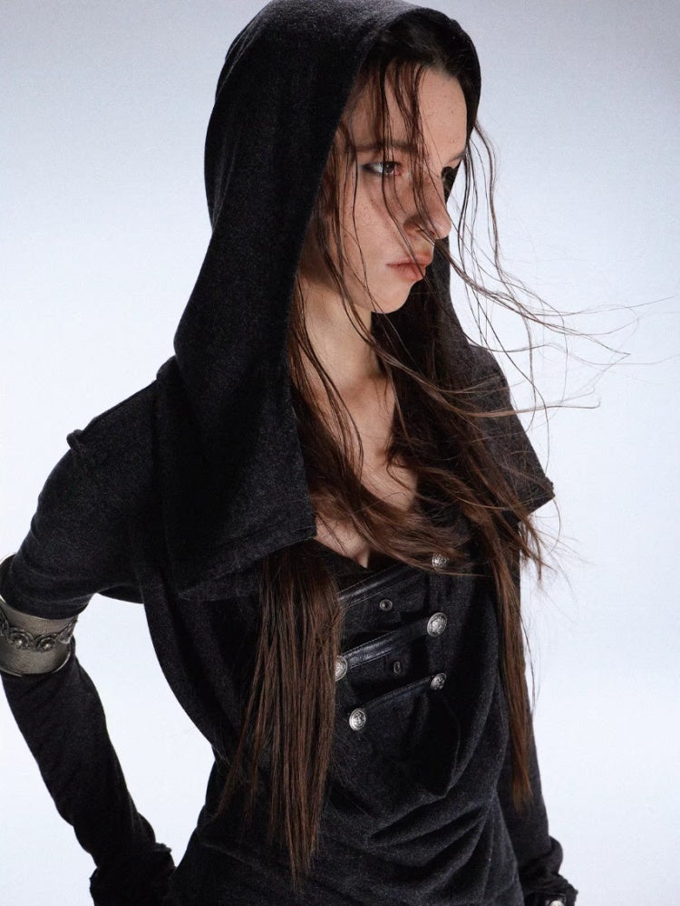 "Polar Night Courier" Ranger Metal Buckle Knitted Hooded Swing Collar T-Shirt【s0000014950】