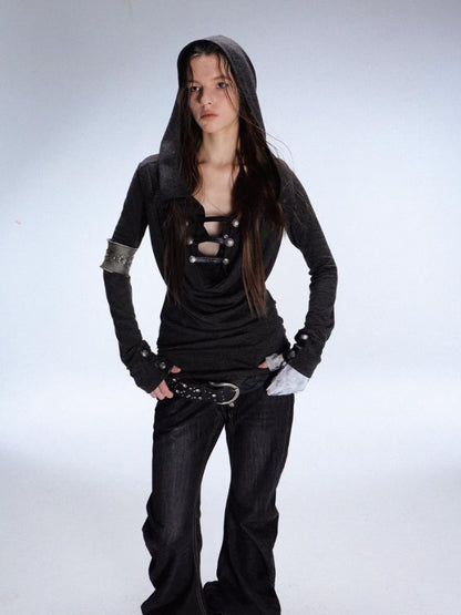 "Polar Night Courier" Ranger Metal Buckle Knitted Hooded Swing Collar T-Shirt【s0000014950】