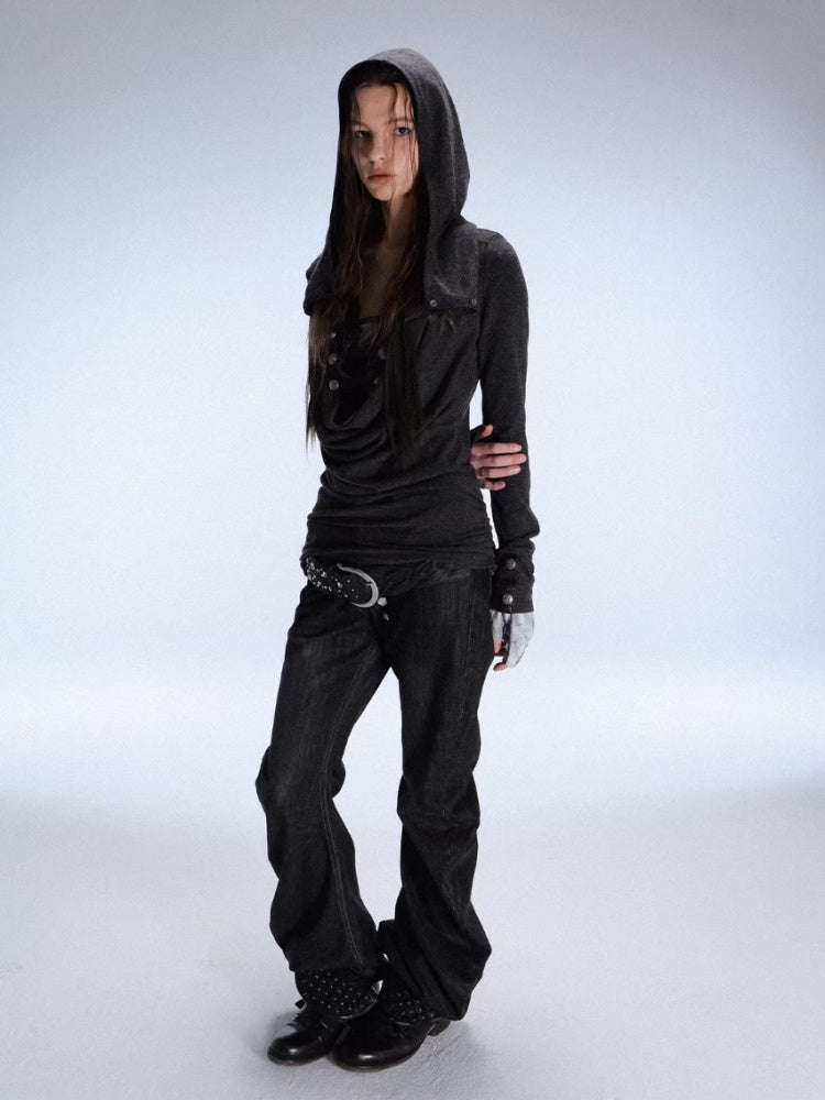 "Polar Night Courier" Ranger Metal Buckle Knitted Hooded Swing Collar T-Shirt【s0000014950】