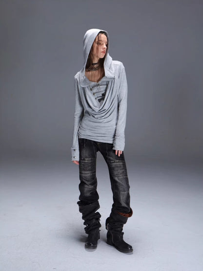 "Polar Night Courier" Ranger Metal Buckle Knitted Hooded Swing Collar T-Shirt【s0000014950】