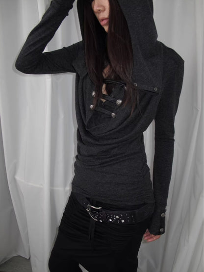 "Polar Night Courier" Ranger Metal Buckle Knitted Hooded Swing Collar T-Shirt【s0000014950】