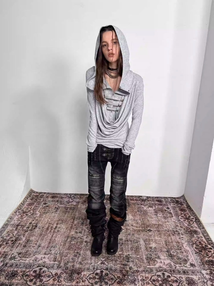 "Polar Night Courier" Ranger Metal Buckle Knitted Hooded Swing Collar T-Shirt【s0000014950】