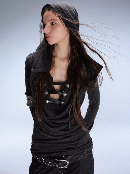 "Polar Night Courier" Ranger Metal Buckle Knitted Hooded Swing Collar T-Shirt【s0000014950】