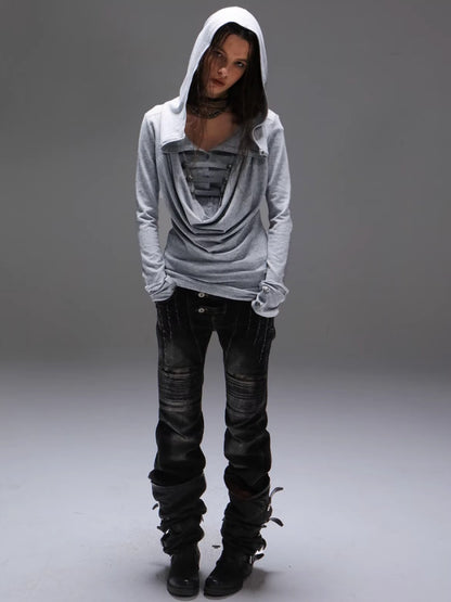 "Polar Night Courier" Ranger Metal Buckle Knitted Hooded Swing Collar T-Shirt【s0000014950】