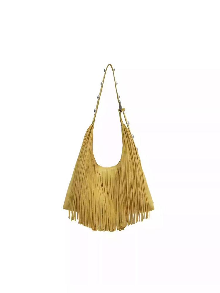 Vintage Suede Tassel Rivet Tote Bag Large Capacity Fashionable Versatile Shoulder Bag【s0000014951】