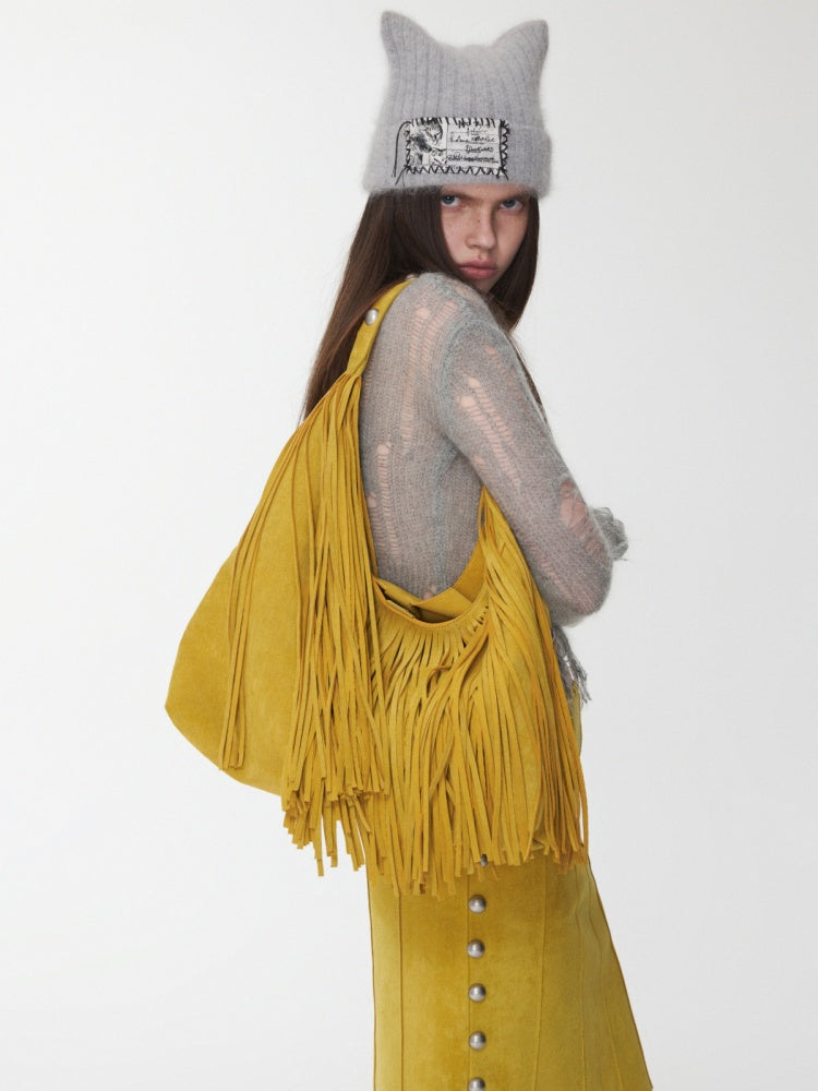 Vintage Suede Tassel Rivet Tote Bag Large Capacity Fashionable Versatile Shoulder Bag【s0000014951】