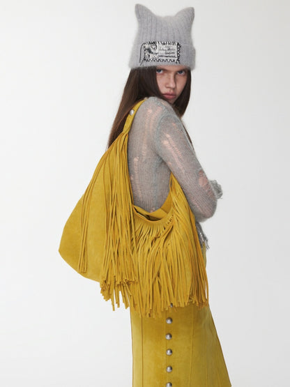 Vintage Suede Tassel Rivet Tote Bag Large Capacity Fashionable Versatile Shoulder Bag【s0000014951】