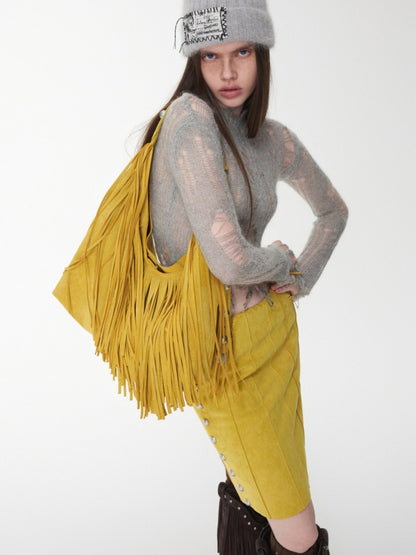 Vintage Suede Tassel Rivet Tote Bag Large Capacity Fashionable Versatile Shoulder Bag【s0000014951】