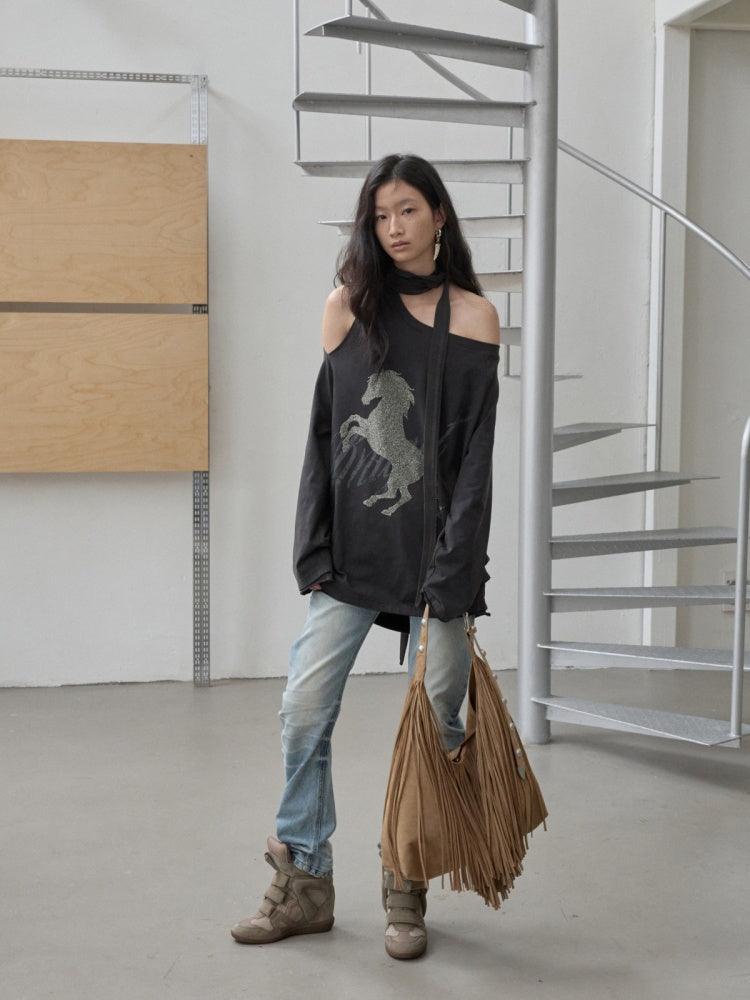 Vintage Suede Tassel Rivet Tote Bag Large Capacity Fashionable Versatile Shoulder Bag【s0000014951】