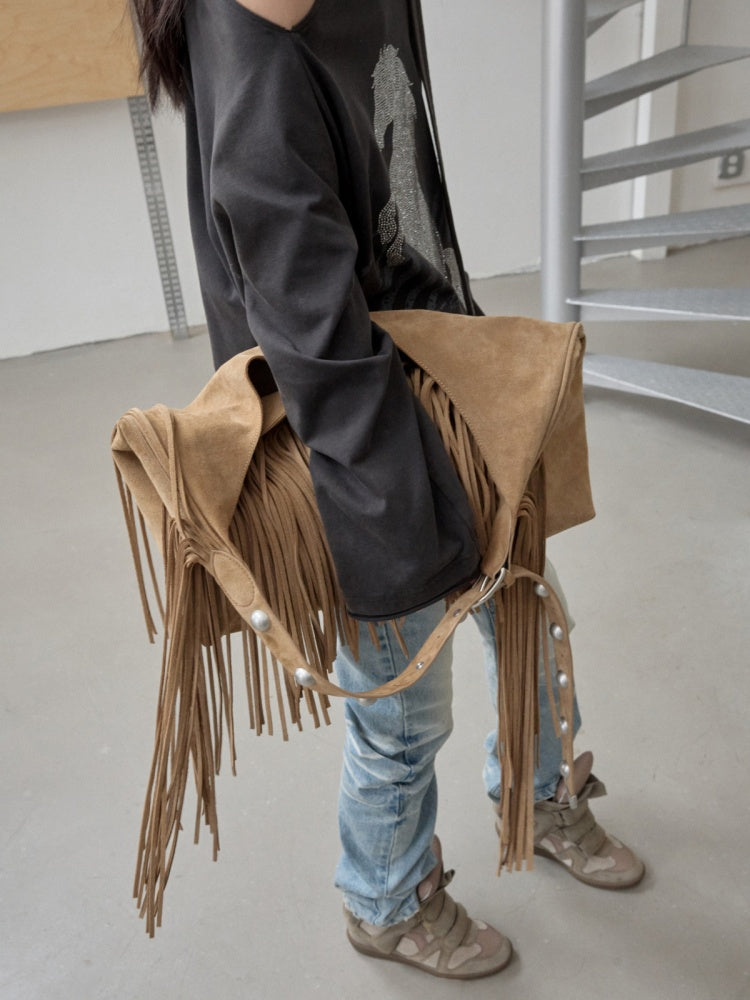 Vintage Suede Tassel Rivet Tote Bag Large Capacity Fashionable Versatile Shoulder Bag【s0000014951】