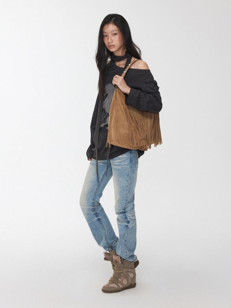 Vintage Suede Tassel Rivet Tote Bag Large Capacity Fashionable Versatile Shoulder Bag【s0000014951】