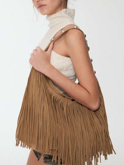 Vintage Suede Tassel Rivet Tote Bag Large Capacity Fashionable Versatile Shoulder Bag【s0000014951】