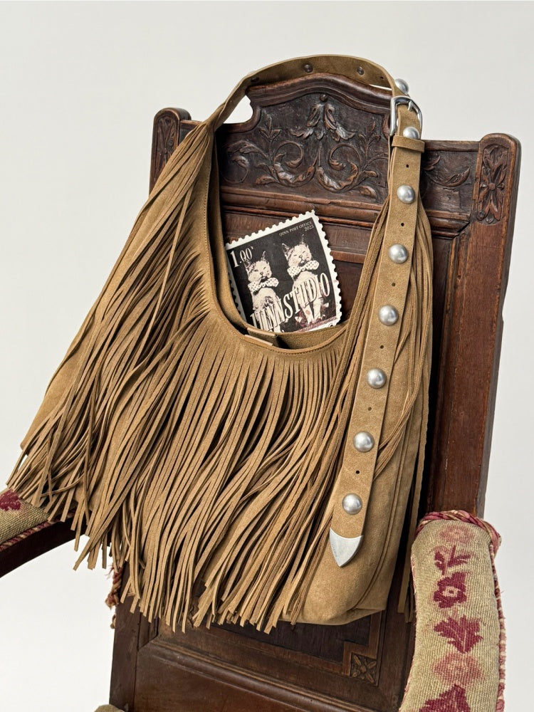 Vintage Suede Tassel Rivet Tote Bag Large Capacity Fashionable Versatile Shoulder Bag【s0000014951】